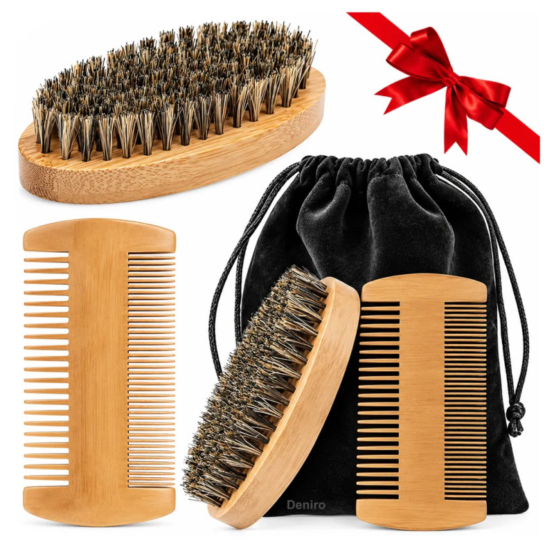 Boar Bristle Beard Brush for Beard Growth + Comb 🖤 Deniro