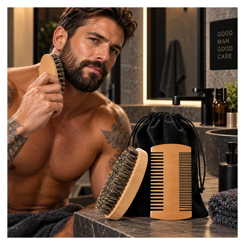 Boar Bristle Beard Brush for Beard Growth + Comb 🖤 Deniro
